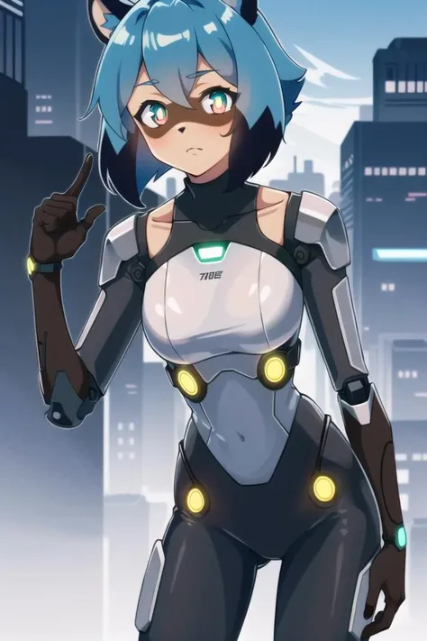 Michiru_kagemori, 1girl, android, mechanical ears, cyborg, glowing, glowing_eyes, blue_hair, cyborg, mechanical eyes, cyberpunk, doll_joints, joints, raccoon_girl, furry, furry_female, robot_joints, science_fiction, solo, upper_body, looking_at_viewer,