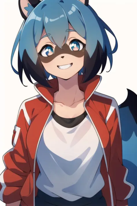 Michiru_kagemori, 1girl, animal ears, blue hair, body fur, furry, furry female, raccoon ears, raccoon girl, raccoon tail, short hair, smile, white_shirt, red_jacket, track_jacket, portrait, solo, upper_body, looking_at_viewer,