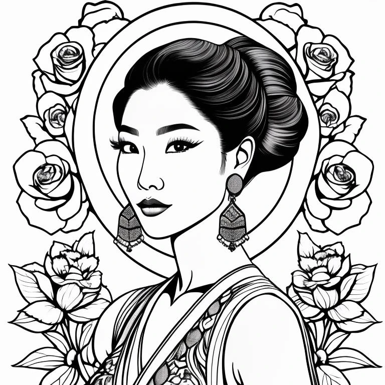 A stunning asian woman, portrait, close ,Coloring Book, ColoringBookAF,, <lora:ColoringBook21Config4WithoutTEV2:1>