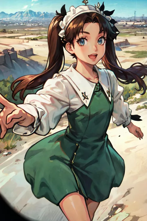 (masterpiece, best quality, ultra detailed, beautiful illustration), atmospheric perspective, depth of field, looking at viewer, beautiful detailed eyes, anime eyes:1.4, (cowboy shot), sexy pose, dynamic angle, (outdoors, desert, mountains, city, stucco buildings, dry climate), 1girl, :d, child, <lora:Lily:1>, brown hair, grey eyes, long hair, green dress, white collar, white sleeves, pigtails, forehead, headress, playing, running,