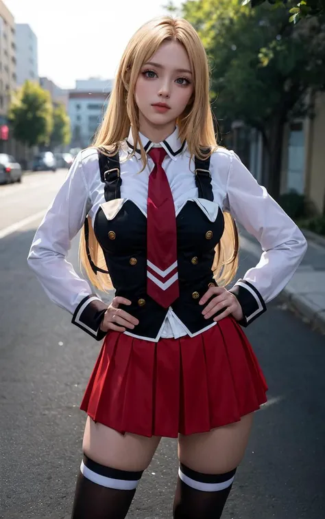 ((masterpiece, best quality)), insaneres, absurdres, solo, outdoors,
CLOTHING_BibleBlack_SchoolDress_ownwaifu, 
1girl, blonde hair,  long hair, blue eyes, 
black vest, red skirt, white shirt, collared shirt, suspenders, school uniform, black thighhighs, zettai ryouiki, necktie, long sleeves, pleated skirt, red necktie, 
(contrapposto, hand on hip)<lora:CLOTHING_BibleBlack_SchoolDress_ownwaifu:1>,
lens flare, depth of field, bokeh, embers, vanishing point, looking at viewer,