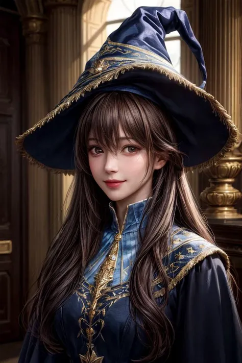 wizard, portrait, 1girl, best quality, masterpiece, HDR, UHD, 8K, Highly detailed, realistic, embarrass, smile, very long hair, swept bangs, hair between eyes, brown hair, close shot, wizard hat, wizard dress,moody lighting, <lora:add_detail:1.2> royal light,