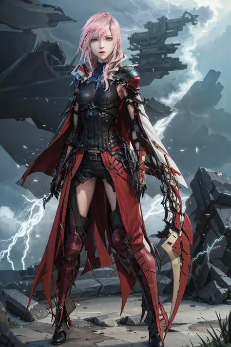 (best quality), (masterpiece),highly detailed, best quality,
1girl, pink hair, pale skin, vibrant blue eyes, wearing black and red armor,red cape,<lora:LightningFF:0.9>,full body, ((lightning farron)), final fantasy xiii, ,lightning returns: final fantasy xiii,
outdoors,
<lora:animeTarotCardArtStyleLora_v31:0.6>,