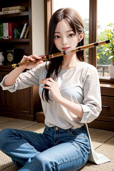 1girl, playing bamboo flute,bamboo flute,masterpiece, best quality, 8k, golden hair, jeans