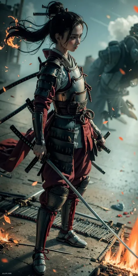 Samurai, holding katana, katana,
armor,solo,japanese armor,samurai,smoke,1girl, shoulder armor,
standing, black gloves, full body, outdoor, smoke, fire, storm, war field,
<lora:Samurai_20240302035502:0.8>, <lora:katana-000010:0.75>