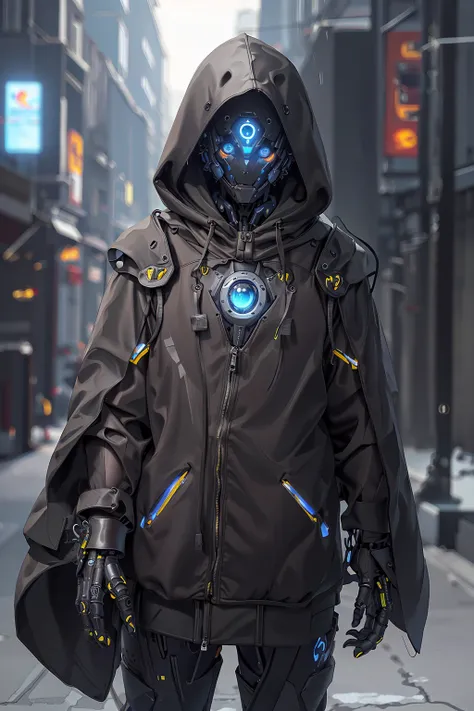 cyberhelmet, glowing eyes, futobot,futobot, cyborg, ((masterpiece),(best quality),(ultra-detailed), (full body:1.2), 1male, solo, hood up, upper body, mask, 1boy, male focus, black gloves, cloak, long sleeves,
photorealistic, cyberpunk city street, bokeh, depth of field
 <lora:Futuristicbot4:0.5> <lora:cyberhelmetv0.7:0.5>