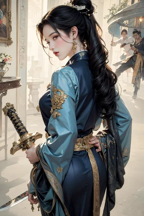 (masterpiece, top quality, best quality, official art, beautiful and aesthetic:1.2), (1girl:1.5), extreme detailed,(joshua middleton comic cover art:1.1), (Action painting:1.2),(concretism:1.2),theater dance scene,(hypermaximalistic:1.5),colorful,highest detailed,(sword on back:1.5 ), <lora:anxiang:0.55>, <lora:add_detail:0.4>