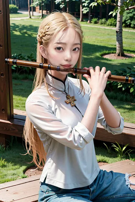 1girl, playing bamboo flute,bamboo flute,masterpiece, best quality, 8k, golden hair, jeans