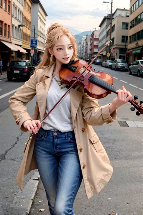 1girl, playing violin, violin, bow \(music\), snow, on the street, jeans trench coat, golden hair, best quality, 8k, masterpiece, <lora:violin_v12:0.7>