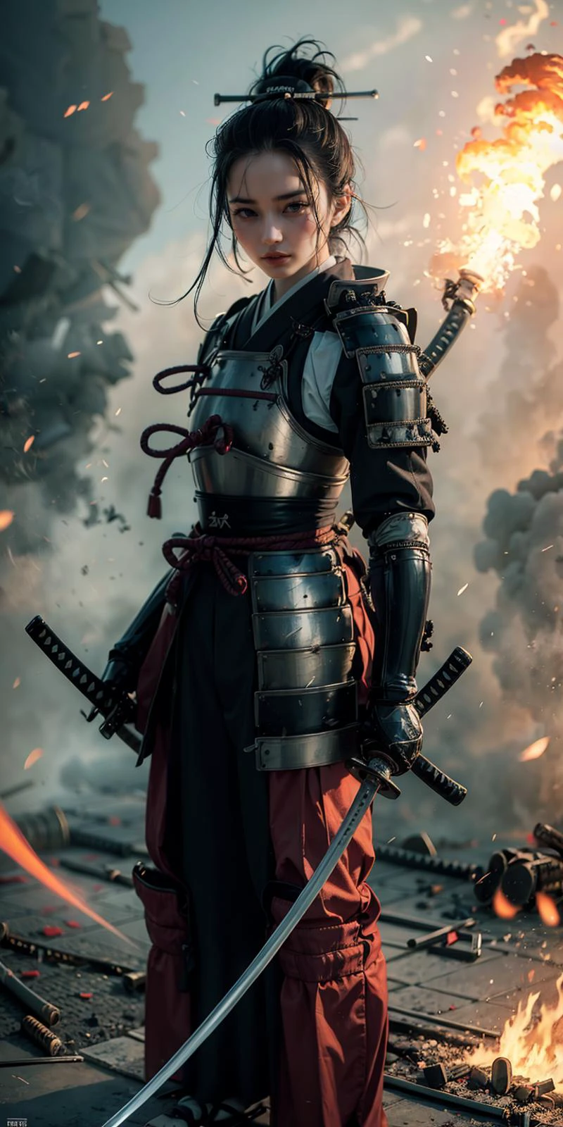 Samurai, holding katana, katana,
armor,solo,japanese armor,samurai,smoke,1girl, shoulder armor,
standing, black gloves, full body, outdoor, smoke, fire, storm, war field,
<lora:Samurai_20240302035502:0.8>, <lora:katana-000010:0.75>