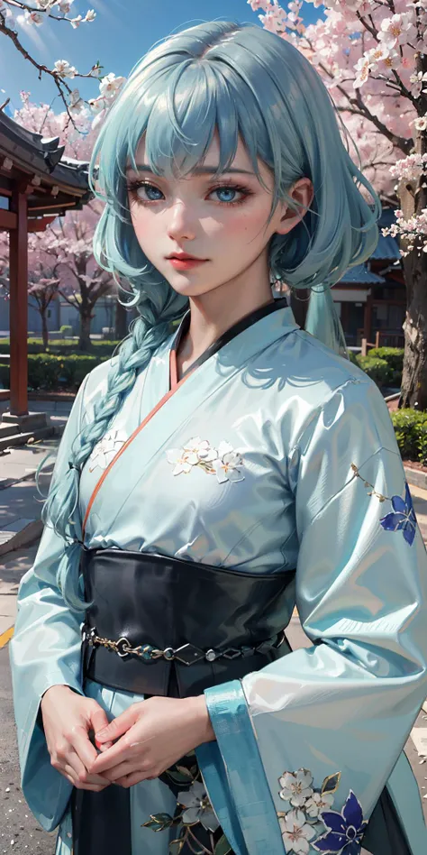 (masterpiece, sidelighting, finely detailed beautiful eyes: 1.2), masterpiece*portrait, realistic, 3d face, glowing eyes, shiny hair, lustrous skin, solo, embarassed,(photorealistic:1.4),
<lora:alxy-v2:0.5:LyCOFACE>,1girl,solo,blue eyes,braid, bangs ,long hair,blue hair,aqua hair,green hair, beautiful eyeshadow, eyeliner,beautiful makeup,zentangle,Tyndall effect,
best quality,ultra high res,1girl,solo,upper body,sunlight,cherry blossoms,east asian architecture, tsurime,expressionless,closed mouth, white hair,side ponytail,hanfu,