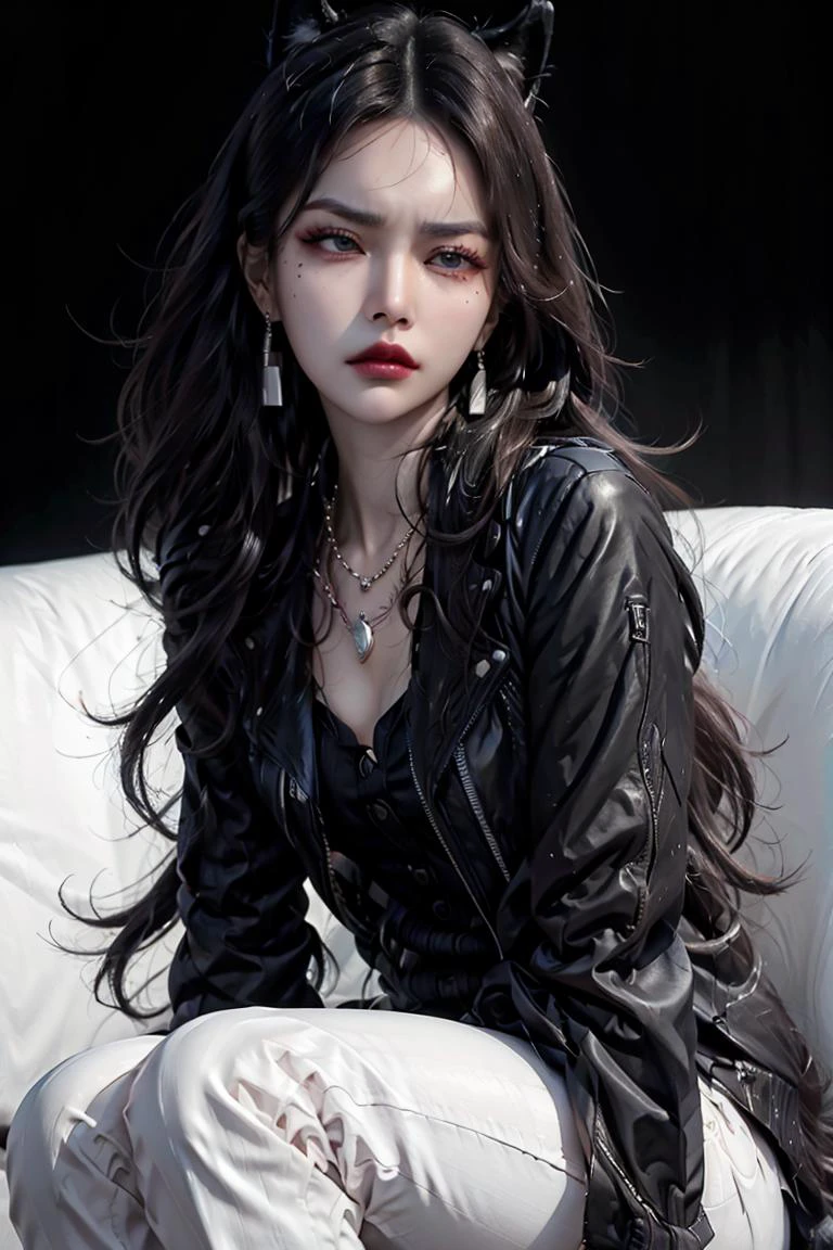 (realistic:1.4),luxray,shadow,looking at viewer, light rays,1girl, solo, colorful, (masterpiece, best quality:1.3), (absurdres:1.3),
(photorealistic:1.3), (detailed skin:1.3, detailed face:1.3), sitting, (sharp_eyes:1.4),(frown:1.3), (angry:1.1), (iceky face:1.1), (disdain:1.5),(wolf_girl),
sharp focus, delicate, (beautiful cool korean_girl:1.3), (ulzzang-6500:0.2),small mouth, (small_eyes:1.3),(thick eyebrows), (long eyebrows), (cool:1.5),(narrowed eyes),
( thick thighs:1.2, narrow :1.1),(long face:1.2),(mandibles),necklace,earrings,(eyes_makeup:1.2), watch, (mole under eye),
(black_very_long_hair:1.3),(wavy hair),(wolf_ponytail:1.1),(long_eyes:1.2), (pink_gloss_eyeshadow:1.2), (scarlet_lips:1.4),makeup, (eyes in shadow), (half-closed eyes:1.3), (empty eyes),(black_open_jacket), black pants,
indoors,(dark background),night, <lora:warframe_v1-000012:0.5> <lora:be:0.7>