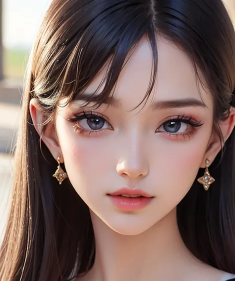 masterpiece, best quality, 8k, beautiful face, high detailed skin,hyper detailed,ultra high res, photorealistic, high resolution, ,lens flare, (tuck hair behind the ear:1.5),(same makeup for both eyes:1.5),perfect face,ralistic eyes, detailed lighting, detailed eyes,detailed skin, detailed shadows,ralistic skin,(opened mouth:1.02), (closed eyes:0.9),no make-up,,looking_at_viewer,upper body