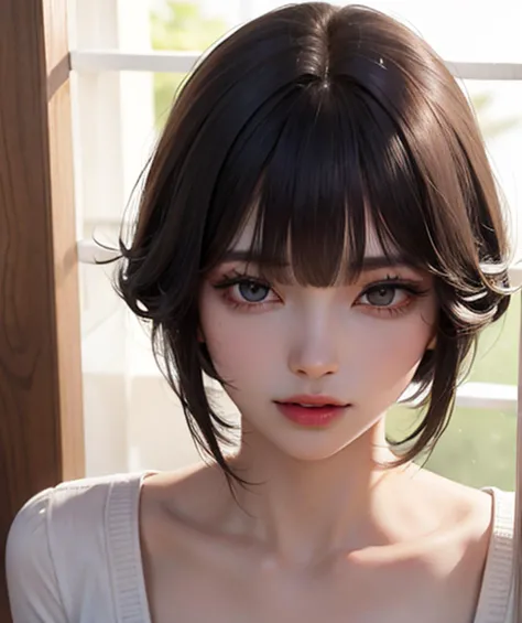 masterpiece, best quality, 8k, beautiful face, high detailed skin,hyper detailed,ultra high res, photorealistic, high resolution, ,lens flare,(same makeup for both eyes:1.5),perfect face,ralistic eyes, detailed lighting, detailed eyes,detailed skin, detailed shadows,ralistic skin,(opened mouth:1.12), (closed eyes:0.9),no make-up,,looking_at_viewer,upper body,(bangs are short:1.9) ,messy hairstyle