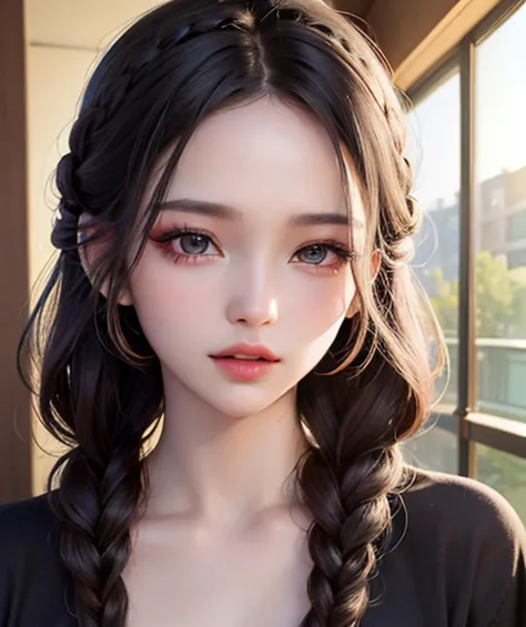 masterpiece, best quality, 8k, beautiful face, high detailed skin,hyper detailed,ultra high res, photorealistic, high resolution, ,lens flare, (braided hair:1.5),(same makeup for both eyes:1.5),perfect face,ralistic eyes, detailed lighting, detailed eyes,detailed skin, detailed shadows,ralistic skin,(opened mouth:1.02), (closed eyes:0.9),no make-up,,looking_at_viewer,upper body