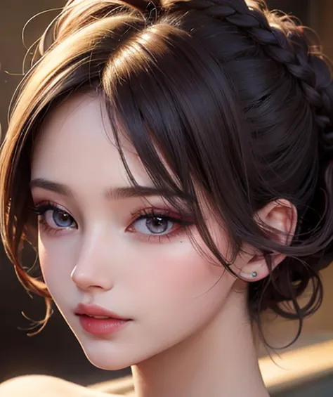 masterpiece, best quality, 8k, beautiful face, high detailed skin,hyper detailed,ultra high res, photorealistic, high resolution, ,lens flare, (Updo hair:1.5),(same makeup for both eyes:1.5),perfect face,ralistic eyes, detailed lighting, detailed eyes,detailed skin, detailed shadows,ralistic skin,(opened mouth:1.02), (closed eyes:0.9),no make-up,,looking_at_viewer,upper body