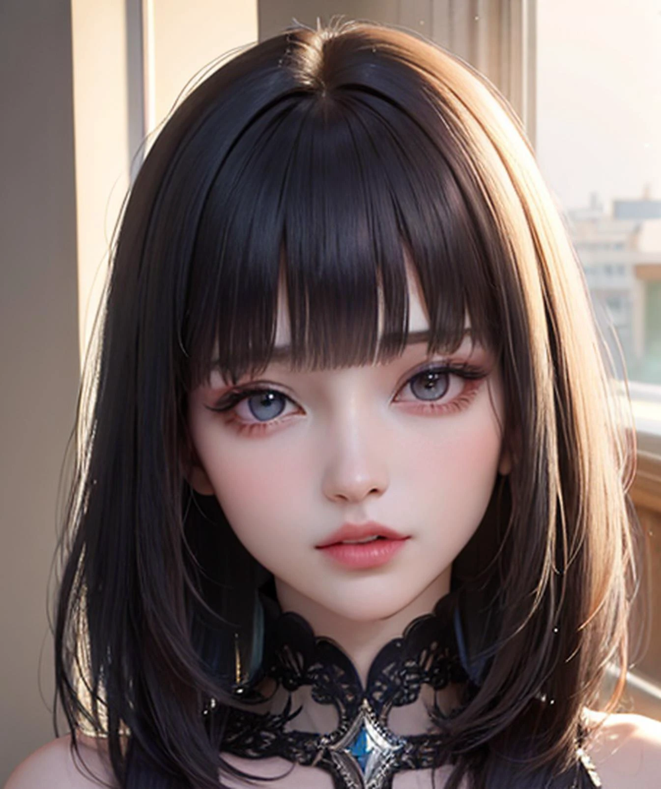 masterpiece, best quality, 8k, beautiful face, high detailed skin,hyper detailed,ultra high res, photorealistic, high resolution, ,lens flare, (Ombre hair:1.3),(same makeup for both eyes:1.5),perfect face,ralistic eyes, detailed lighting, detailed eyes,detailed skin, detailed shadows,ralistic skin,(opened mouth:1.02), (closed eyes:0.9),no make-up,,looking_at_viewer,upper body,(blunt bangs:1.6)