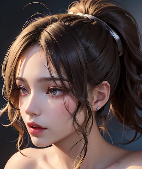 masterpiece, best quality, 8k, beautiful face, high detailed skin,hyper detailed,ultra high res, photorealistic, high resolution, ,lens flare,(same makeup for both eyes:1.5),perfect face,ralistic eyes, detailed lighting, detailed eyes,detailed skin, detailed shadows,ralistic skin,(opened mouth:1.12), (closed eyes:0.9),no make-up,,looking_at_viewer,upper body,(messy hairstyle:1.9) ,messy hairstyle