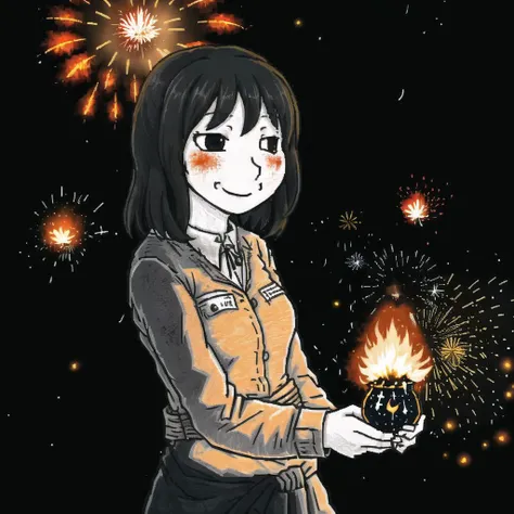 <lora:vojacmeme:1.0>, vojac,  doomer, 

<lora:ham_rifl:0.8>, monochrome, oekaki, above waist portrait beautiful cute anime young woman, Fiery firework ignites black background, sending flickering aesthetic firefly ashes towards viewer, happy smile