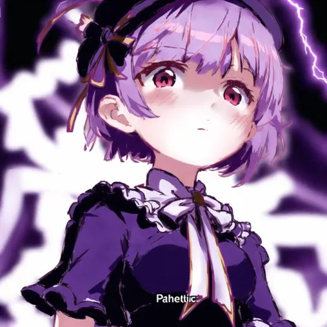 <lora:pathetic_meme_rifv2:1.0>, patheticmeme, upper body,
1girl, bow, dress, female focus, frills, hat, lightning, purple hair, red eyes, ribbon, shawl, short hair, solo