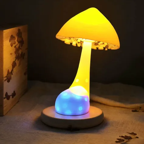 <lora:cute_lamps:1.0>, (cute_lamps:1.0),  shaped lamp, glowing, 
A tiny glowing mushroom lamp, complete with spotted cap and delicate stem, perfect for adding a touch of whimsy to any room.