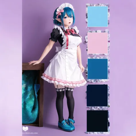 <lora:color_palettes:1.0>,  (color_palettes:1.0),   1girl, apron, black dress, blue bow, blue footwear, blue hair, blush, bow, bowtie, breasts, dress, elliot leucosia, enjou kouhai oshiego wa elf ryuu ningyo jinrou, fins, frilled dress, frills, full body, garter straps, highres, leg up, maid, maid dress, maid headdress, mermaid, monster girl, open mouth, shoes, simple background, small breasts, solo, thigh-highs, violet eyes, white background, white legwear, zettai ryouiki