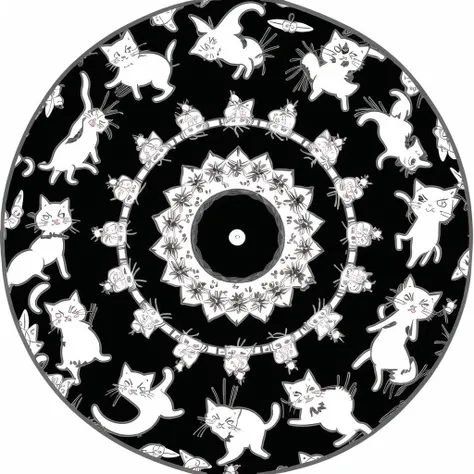 <lora:phenakistiscope:1>, phenakistiscope, circular picture, center of the picture, plate, circular object, pattern, 2girls, :<, animal ears, cat ears, chibi, comic, eyebrows, kemonomimi mode, monochrome, multiple girls, silent comic, sleeping on person, thick eyebrows