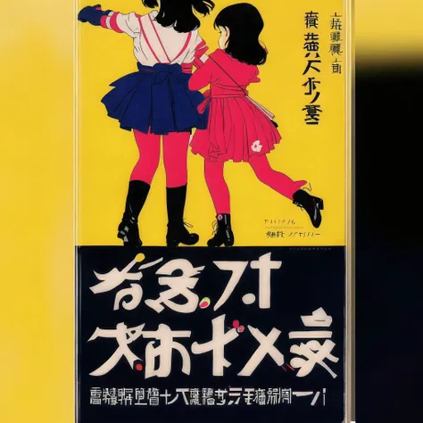 <lora:oldjapcover:1>, oldjapcover, book cover, poster, drawing, japanese text, book with a, 2girls, elbow gloves, female, gloves, multiple girls