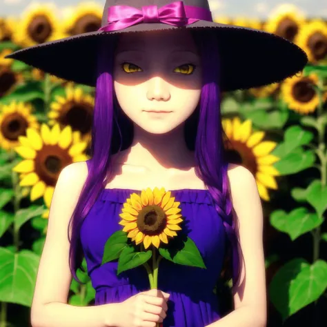 <lora:vojacmeme:1.0>, vojac, 

1girl, bare arms, blue ribbon, bouquet, bow, collarbone, dress, flower, grey dress, hat, hat bow, holding, holding bouquet, long dress, long hair, looking at viewer, purple bow, purple hair, ribbon, sleeveless, sleeveless dress, solo, standing, straight hair, straw hat, sun hat, sundress, sunflower, very long hair, yellow eyes, yellow flower, yellow headwear