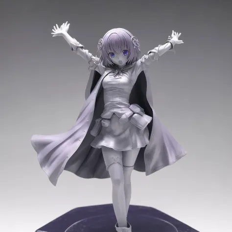 <lora:anime_sculpture:1.0>, anime_sculpture, white sculpture, figurine, monochrome,
1girl, arm up, armpits, blue background, blue eyes, cape, hair rings, highres, looking at viewer, multicolored, multicolored eyes, open mouth, purple hair, short hair, solo, upper body, violet eyes