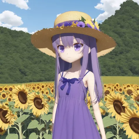 <lora:animewireframe:1>, animewireframe, 3d character, computer, blender,
1girl, bare arms, blue ribbon, bouquet, bow, collarbone, dress, flower, grey dress, hat, hat bow, holding, holding bouquet, long dress, long hair, looking at viewer, purple bow, purple hair, ribbon, sleeveless, sleeveless dress, solo, standing, straight hair, straw hat, sun hat, sundress, sunflower, very long hair, yellow eyes, yellow flower, yellow headwear