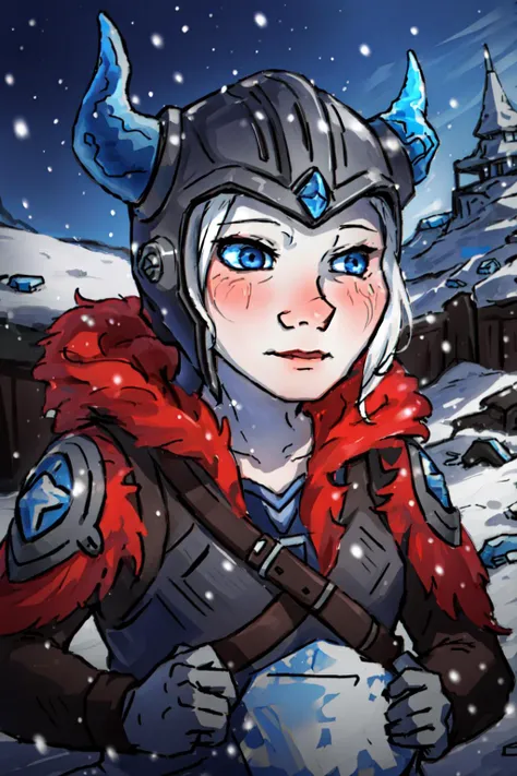 best quality, intricate details,
1girl,    <lora:sejuaniLeagueOf_v10:0.8> sejuani, white hair, helmet with one horn, broken horn, snow, ice, 
 <lora:halfAssedLorasVol2_vojac:1.0> vojac,