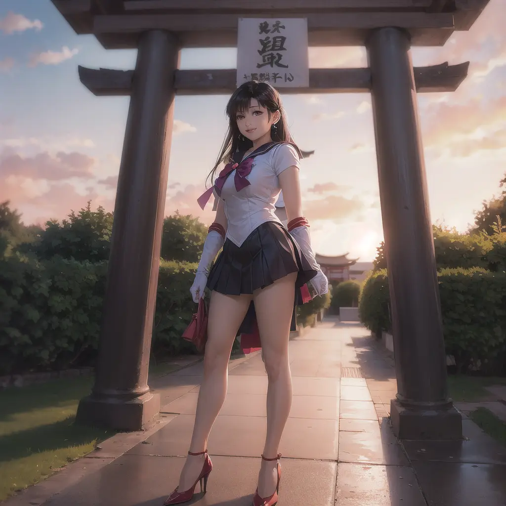 (8k, RAW photo, best quality, masterpiece:1.2), (ultra highres:1.0), detailed illustration, detailed, (realistic, photo-realistic:1.37), detailed beautiful skin,
<lora:dreamyGirlsFace_dreamyFace:0.6>, <lora:Sailor_Mars_hino_rei-01:0.6> sailor mars
(1 girl: 1.2),(full body:1.2),(hand of Guido Daniele:1.2), long hair, looking at viewer, smile, large breasts, cleavage, open clothes, purple eyes, black hair, cowboy shot, pleated skirt, (open clothes),, two-tone hair, sailor senshi uniform,red high heels
standing in garden, japan temple, torii, plants, outdoors, sunset, film grain, professional lighting