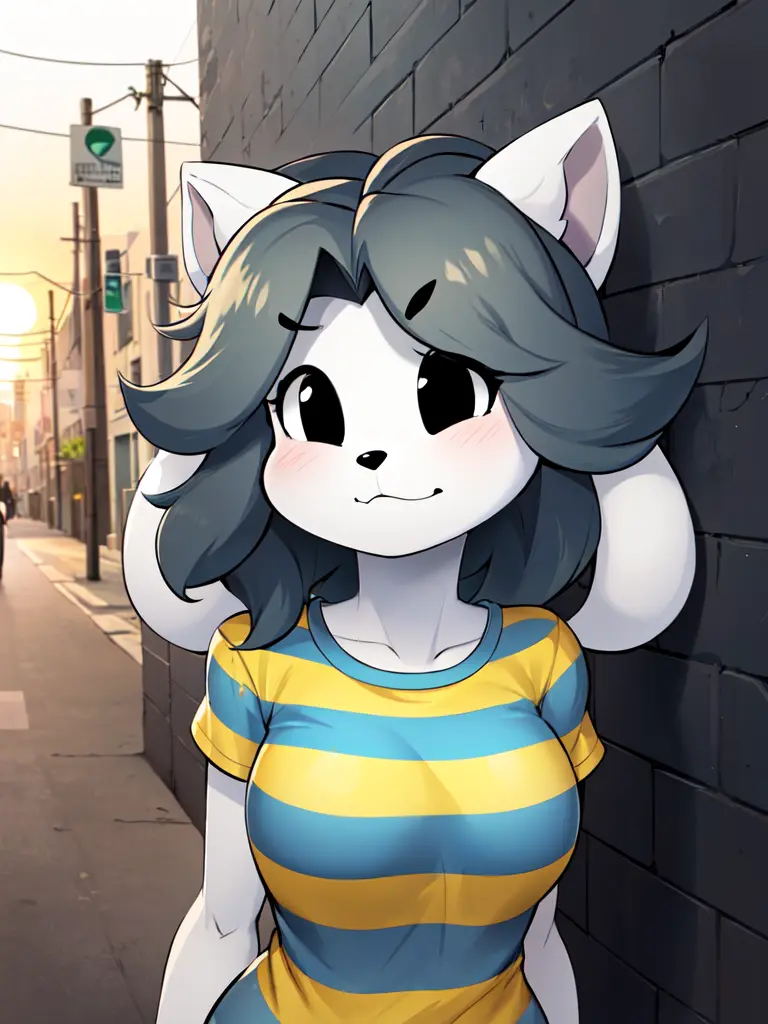 (temmie:1.2), anthro, gynomorph, (cat ears, temmie ears:1.1), (blue and yellow (striped shirt:1.3)), (face focus:1.2, upper body focus:1.1), grey hair, long hair, white fur, city, alleyway, fog, plants, sunrise, dramatic lighting, <lora:Temmie v3:0.7>