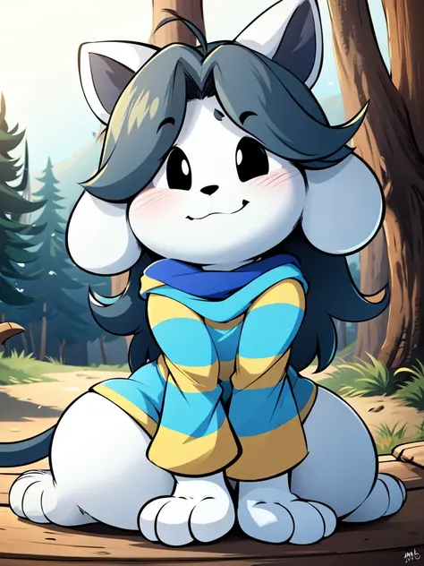 (temmie:1.2), anthro, (cat ears, temmie ears:1.1), (blue and yellow striped shirt), grey hair, long hair, white fur, forest, trees, dramatic lighting, <lora:Temmie v3:0.7>