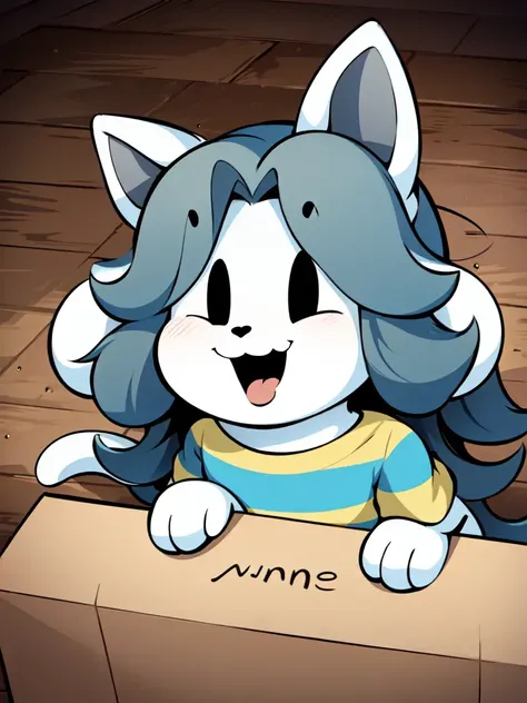 (temmie:1.3), anthro, (cat ears, temmie ears:1.2), (open mouth, smile:1.1), (blue and yellow striped shirt), grey hair, long hair, white fur, dramatic lighting, cardboard box, wooden floor <lora:Temmie v3:0.7>