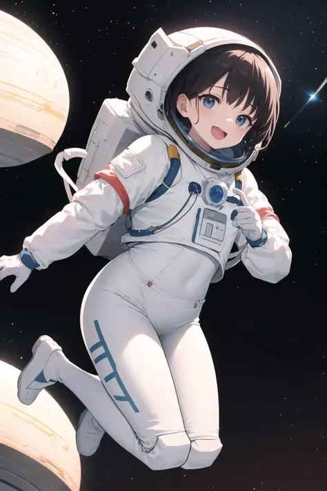 Beautiful illustration, best quality, cute girl, ((In space, on the moon)), ((Standing)), pastel color, natural tones, ((Brown hair)), ((Cute girl)), ((Looking back at viewer)), ((Slender body)), ((Astronaut suit)), ((Grin)), (Blush), bright lighting, ((Big eyes)), ((V-sign)), ((Perfect hands))