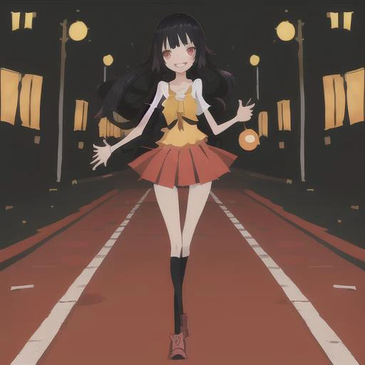 1girl,style\(monogatari3\),solo,smiling, black hairs, full body,masterpiece, best quality, night street in background,<lora:monogatari3_v1:1.1>,night street in background