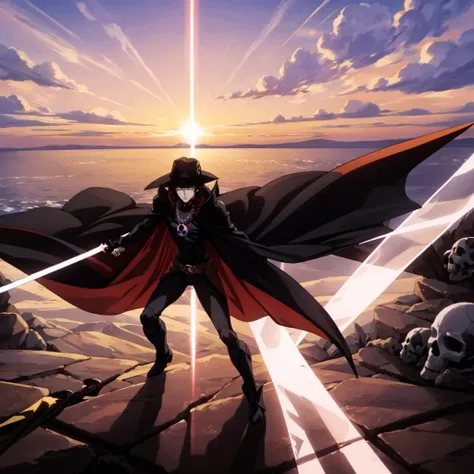 <lora:VampireHunterD004:0.5>,
1boy,
hat,
gem_necklace,
cape,shoulder armor,
bodysuit,
skull_belt,
boots,
sunset,holding sword,energy blades,