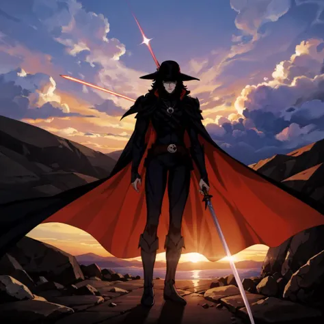 <lora:VampireHunterD004:0.4>,
VampireHunterD,
hat,
gem_necklace,
cape,shoulder armor,
bodysuit,
skull_belt,
boots,
sunset,holding sword,energy blades,