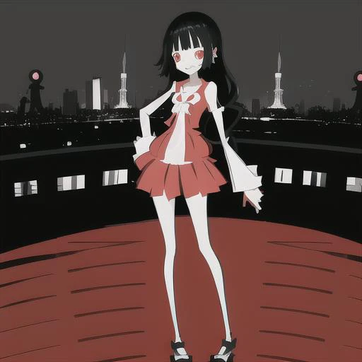 1girl,style\(monogatari3\),solo,smiling, black hairs, full body,,black and white image,masterpiece, best quality, tokyo night street in background,<lora:monogatari3_v1:1.2>,night street in background