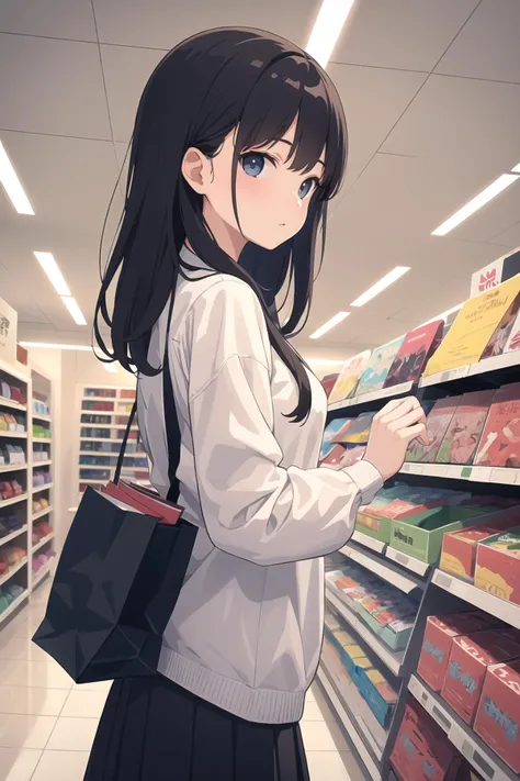 best quality,masterpiece,1girl,from side,shopping,department store,looking at viewer