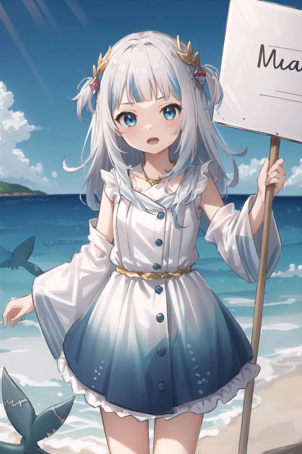 best quality, intricate details,
1girl,<lora:gawrGuraHololiveAll_v4AllOutfits:0.8> gawr gura, sharp teeth, shark tail, two side up, shark hair ornament, cube hair ornament, gura_atlantis, gradient dress, laurel crown,
<lora:animeGirlsHolding_v10:0.8> Holding_Sign,