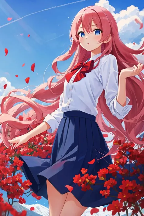girl, cute face, long wavy pink hair, blue eye, long deep blue skirt, red bowtie
clear blue sky, mountains at far, floating petals, red flowers, dramatic sunlight
<lora:FZB_line_weights:-0.4>