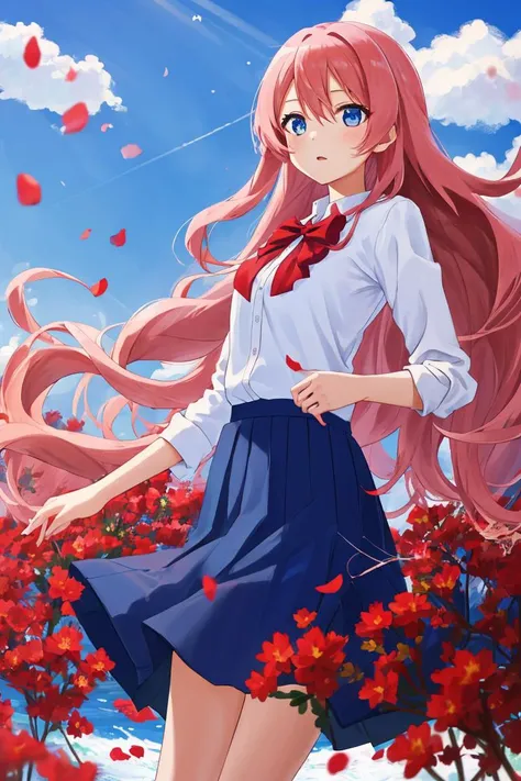 girl, cute face, long wavy pink hair, blue eye, long deep blue skirt, red bowtie
clear blue sky, mountains at far, floating petals, red flowers, dramatic sunlight
<lora:FZB_line_weights:0>