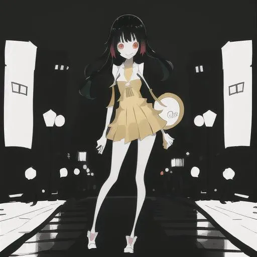 1girl,style\(monogatari3\),solo,smiling, black hairs, black and white ,full body,masterpiece, best quality, night street in background,<lora:monogatari3_v1:1.1>,night street in background