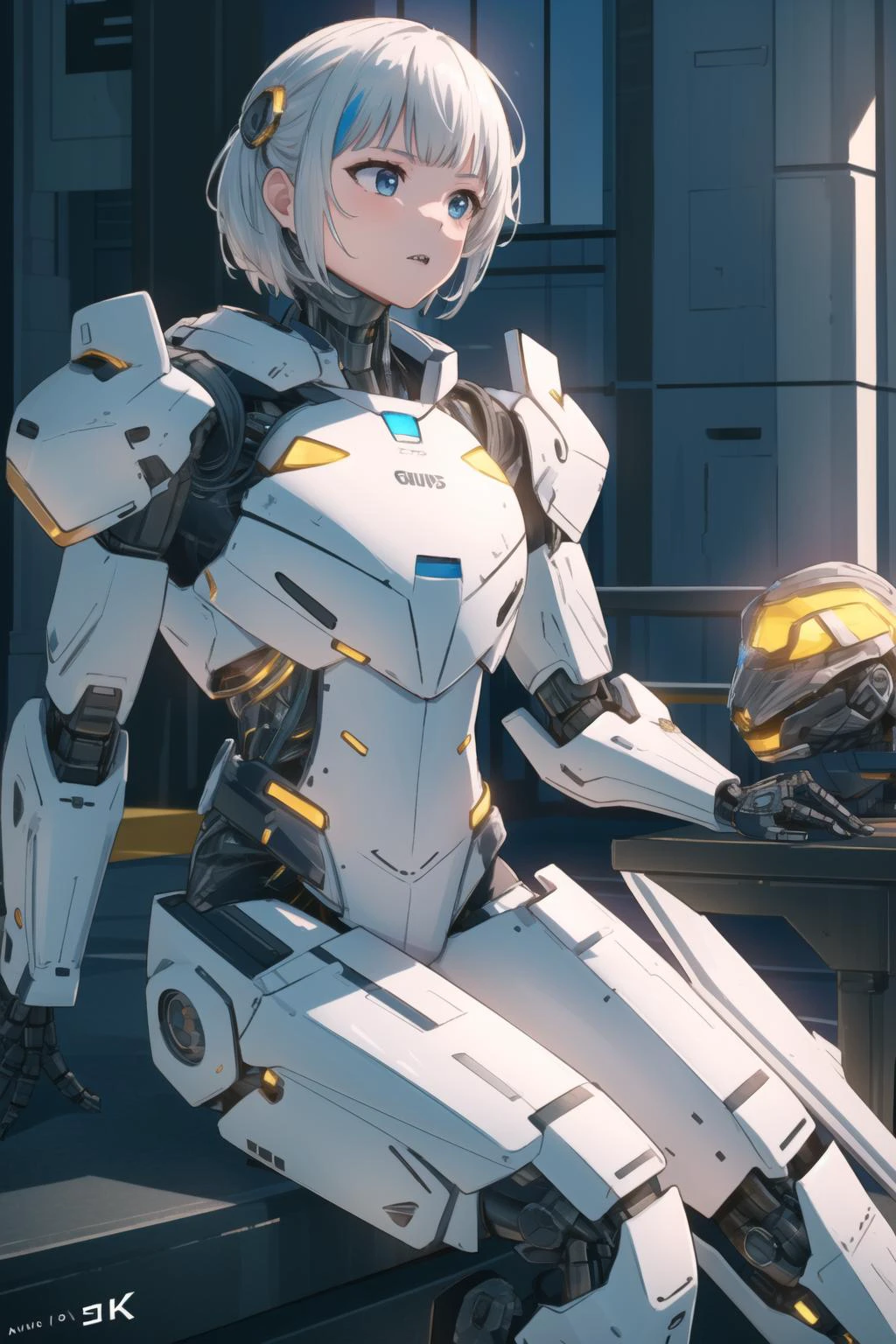 best quality, intricate details,
1girl,<lora:gawrGuraHololiveAll_v4AllOutfits:0.8> gawr gura, sharp teeth, shark tail, two side up, shark hair ornament, cube hair ornament,
<lora:armor_v10:0.8> white armor, robotic parts, White armor robot,(highly details:1.5),unreal engine,3d render,film photograhpy, complex 3d render ultra detailed of a beautiful porcelain profile woman android face, (cyborg:1.3), robotic parts, 150 mm, beautiful studio soft light, rim light, vibrant details, luxurious cyberpunk, lace, hyperrealistic, anatomical, facial muscles, cable electric wires, microchip, elegant, beautiful background, octane render, H. R. Giger style, 8k, best quality, masterpiece, illustration, an extremely delicate and beautiful, extremely detailed ,CG ,unity ,wallpaper, (realistic, photo-realistic:1.37),Amazing, finely detail, masterpiece,best quality,official art, extremely detailed CG unity 8k wallpaper, absurdres, incredibly absurdres, robot, silver halmet, full body, sitting,