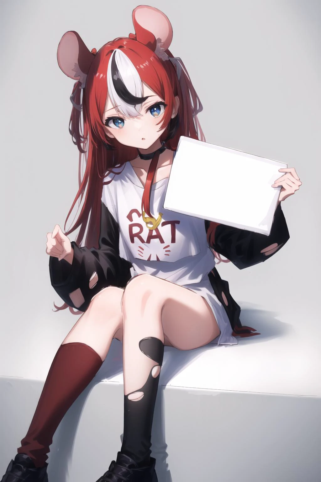 best quality, intricate details,
1girl, long hair, red hair, messy hair, red highlights, blue eyes, sharp eyes,choker, torn legwear,hakos baelz, <lora:hakos baelz:0.8> mouse ears,
<lora:animeGirlsHolding_v10:0.8> Holding_Sign,