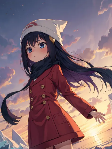 a girl and the ice kingdom, scarf, wind,dinamic dutch angle, looking away,<lora:yukino_minato_style_v2:1>,   <lora:dawn_v2:0.8> dawn pokemon, long hair,  blue eyes, dark blue hair, beanie, hairpin, sunset, glowing eyes,