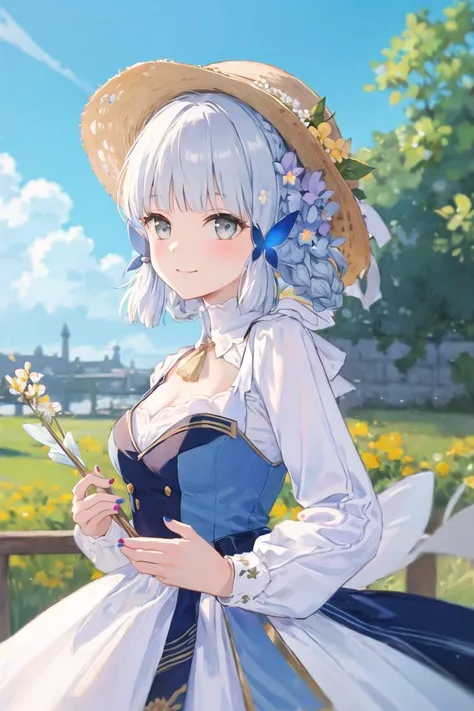 (Realistic painting style:0.9), (faux traditional media:1.0), masterpiece, best quality, bokeh, depth of field, looking to the side, kamisato ayaka (springbloom missive), kamisato ayaka, official alternate hairstyle, official alternate costume, blunt bangs, butterfly hair ornament, hair flower, blue dress, 1girl, butterfly, grey eyes, flower, hair ornament, light blue hair, outdoors, solo, hat, sky, blue nails, cloud, bangs, long sleeves, holding, looking at viewer, blue butterfly, blurry, braid, dress, day, blurry foreground, blue sky, breasts, medium breasts, cloudy sky, blush, index finger raised, blue flower, smile, closed mouth, holding fan <lora:kamisato ayaka:0.8>